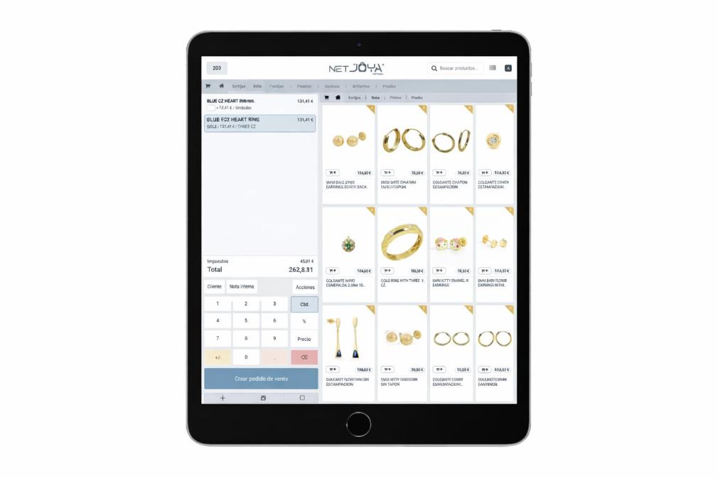 Catálogo digital de joyería netJOYA mostrando colección de anillos en iPad