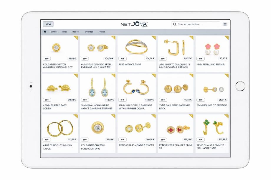 Catálogo digital de joyería con vista de productos en iPad