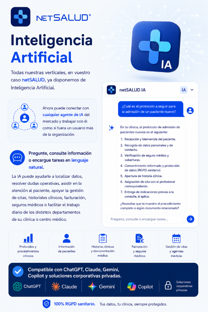 Asistente de inteligencia artificial integrado en netSALUD dentro de Odoo para clínicas, centros médicos, pacientes, protocolos, procedimientos y facturación sanitaria