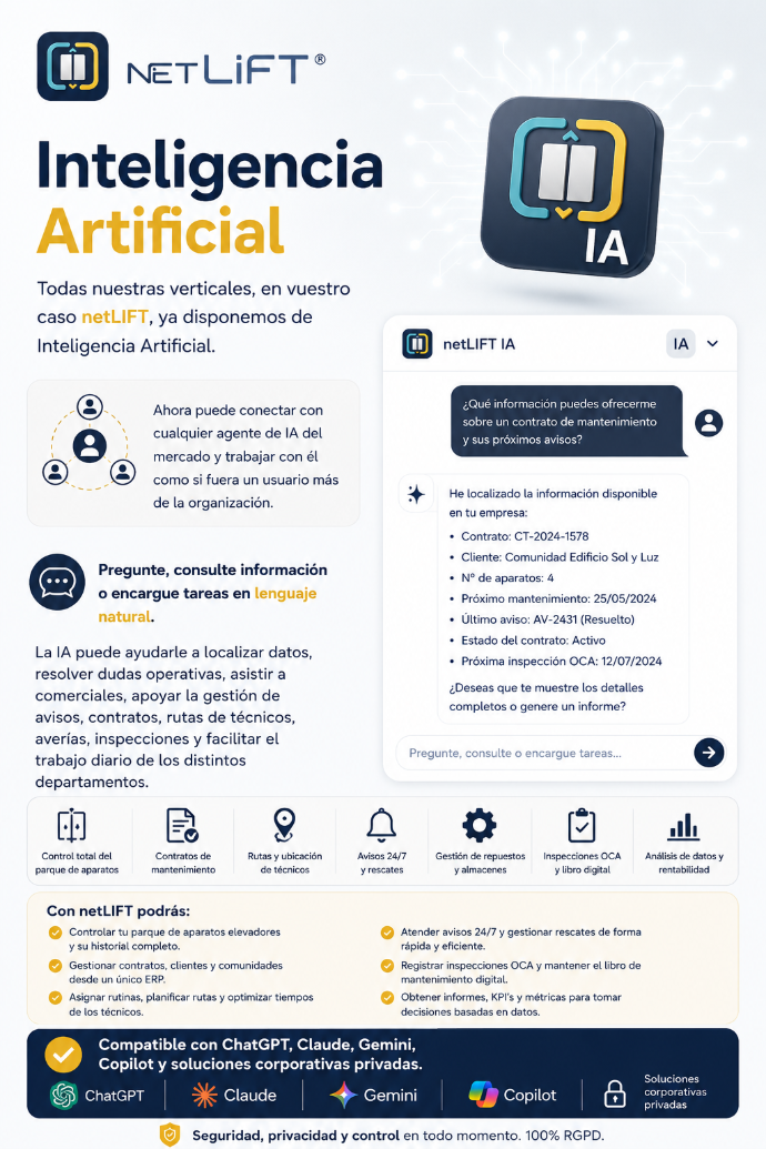 Asistente de inteligencia artificial integrado en netLIFT dentro de Odoo para empresas conservadoras y mantenedoras de ascensores, contratos, mantenimientos, avisos, rescates, vencimientos OCA, stock en furgoneta e histórico de averías