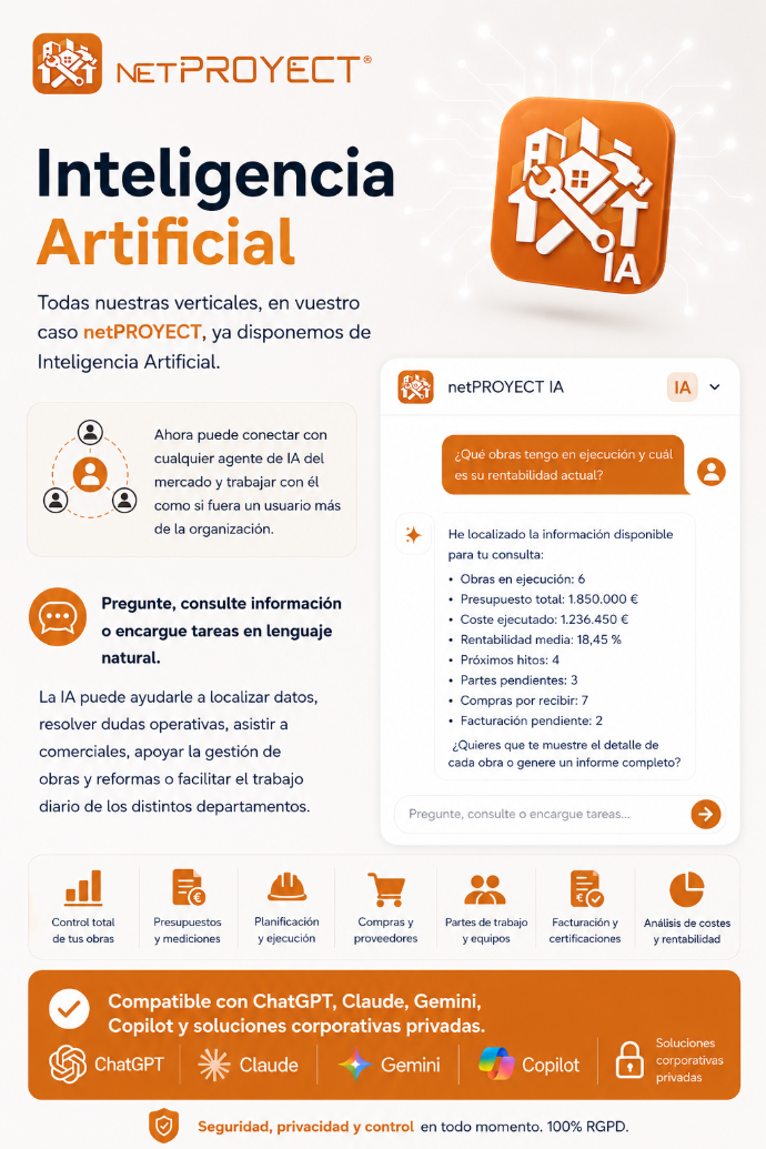 Asistente de inteligencia artificial integrado en netPROYECT dentro de Odoo para constructoras, reformas, obras, presupuestos, costes, certificaciones, partes de trabajo, facturación y rentabilidad